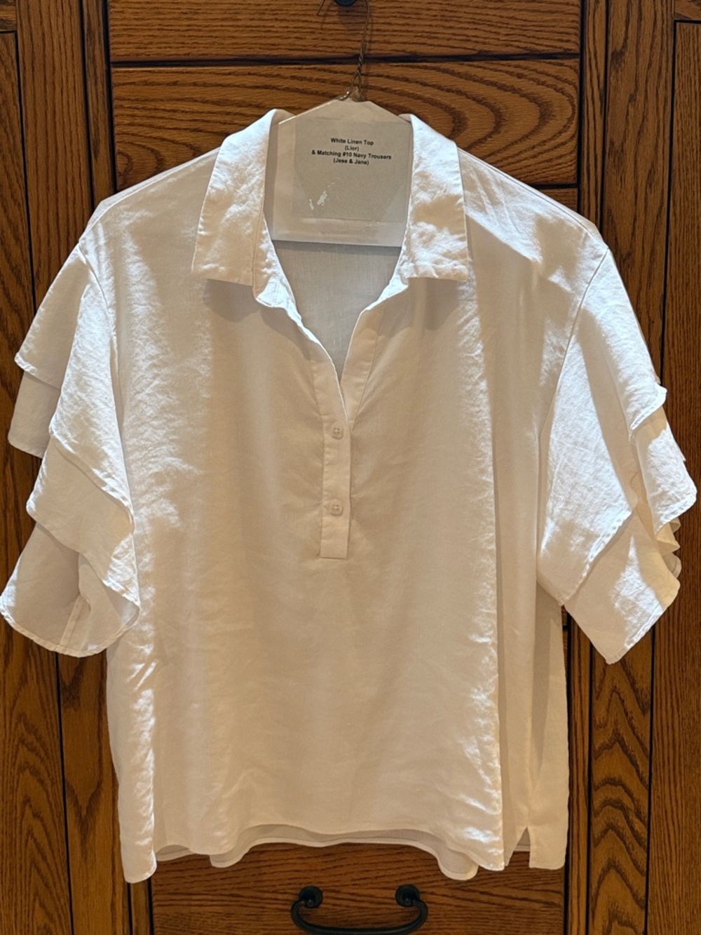 White Linen Ruffle Sleeve Polo Top
